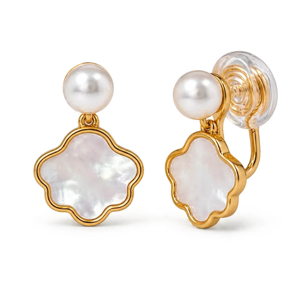 A pair of gold and pearl clip earrings featuring a scalloped mother-of-pearl flower drop and a smaller round pearl on a clear round backing, shown on a white background.