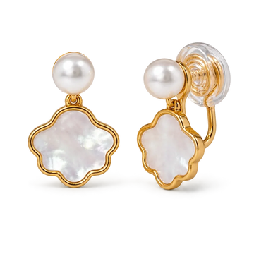A pair of gold and pearl clip earrings featuring a scalloped mother-of-pearl flower drop and a smaller round pearl on a clear round backing, shown on a white background.