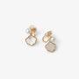 Genuine Pearl and Shell Clip On Earrings in gold with mother of pearl flower charms, top view 