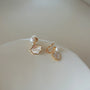 Gros plan sur les boucles d'oreilles à clip en perles et coquillages, mettant en valeur de véritables perles blanches d'eau douce et de la nacre blanche serties dans du cuivre plaqué or.