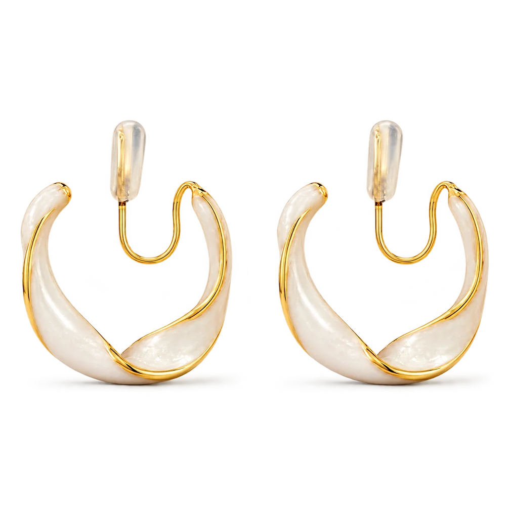 A pair of gold and white crescent-shaped hoop earrings with a smooth, glossy finish, displayed on a clean white background.