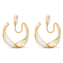 A pair of gold and white crescent-shaped hoop earrings with a smooth, glossy finish, displayed on a clean white background.