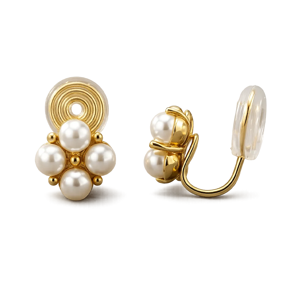 A pair of gold and pearl stud earrings shown on a clean white background, with one earring facing forward to display the flower-like pearl cluster and the other showing the side and back U-type mechanism.