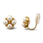 A pair of gold and pearl stud earrings shown on a clean white background, with one earring facing forward to display the flower-like pearl cluster and the other showing the side and back U-type mechanism.