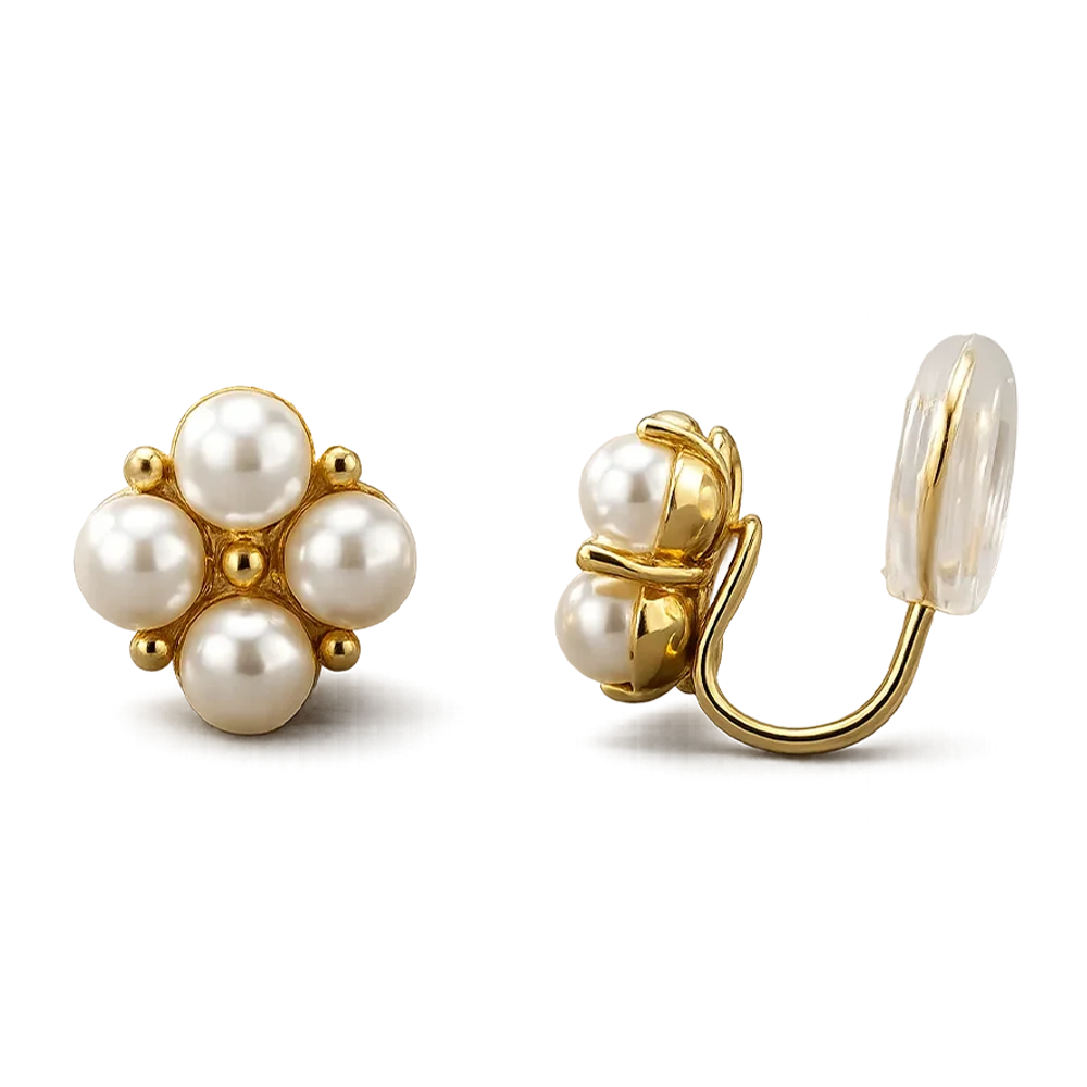 A pair of gold and pearl stud earrings shown on a clean white background, with one earring facing forward to display the flower-like pearl cluster and the other showing the side and back U-type mechanism.