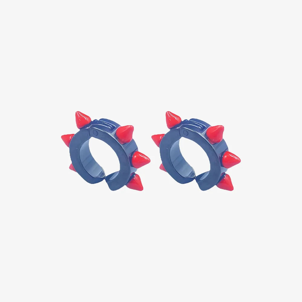 Punk spiked clip-on hoop earrings with red and blue design

