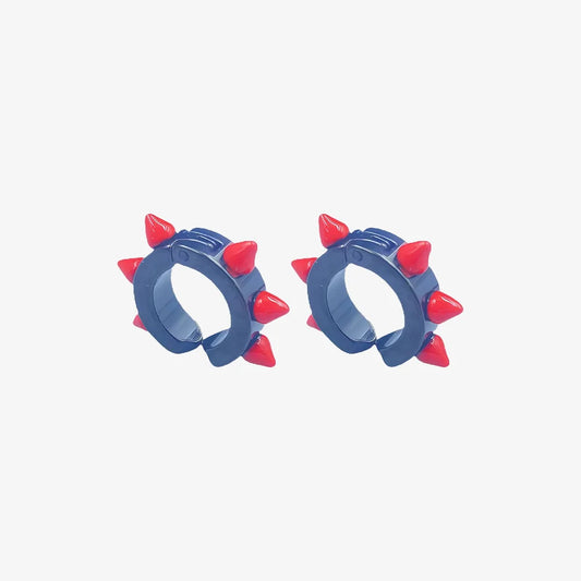 Punk spiked clip-on hoop earrings with red and blue design

