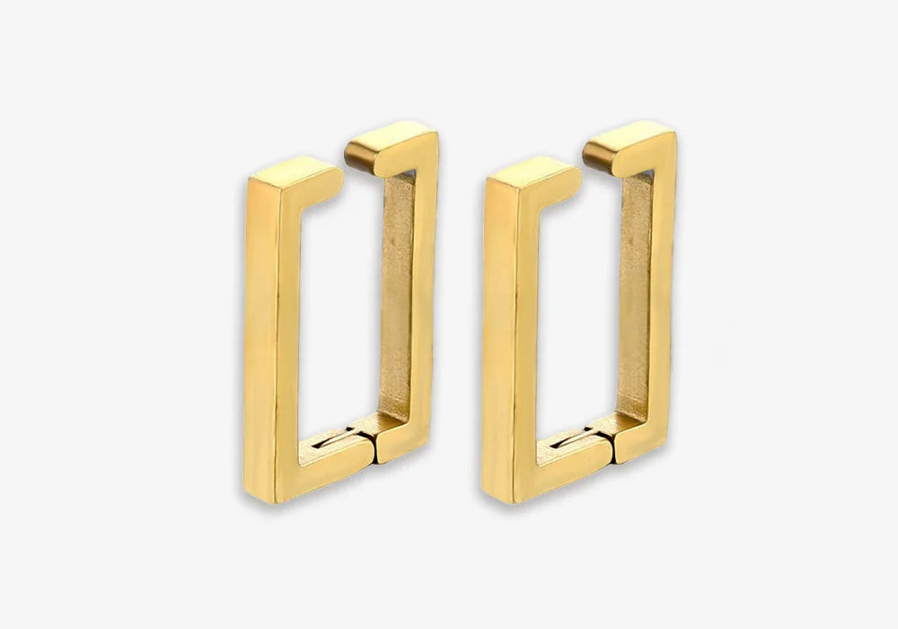 Classic Gold Rectangle Hoop Earrings.  comfortable, clip-on hoops offer a unique, edgy complement to both casual looks and formal ensembles
