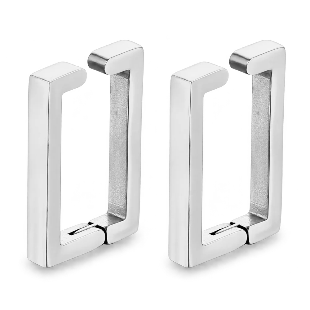 A pair of modern, open square hoop earrings in a polished silver-tone metal, displayed on a clean white background.