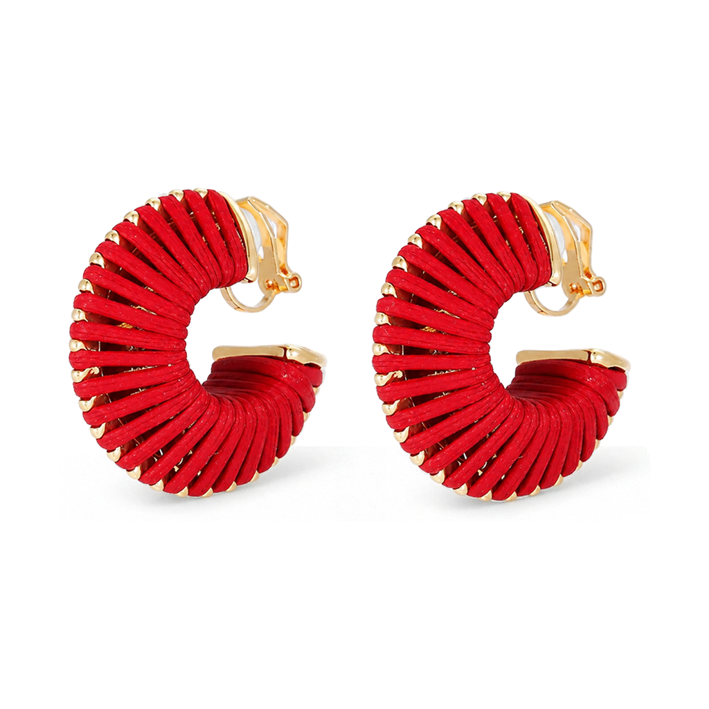 A pair of gold hoop earrings with textured red pleated petals, shown on a clean white background.