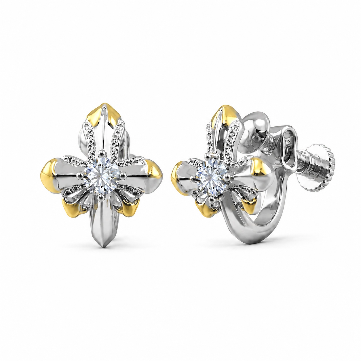 Two-Tone Floral CZ Screw-Back Clip-On Earrings
