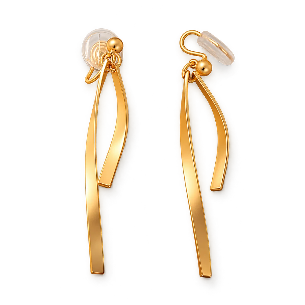 A pair of gold dangle earrings with a minimalist, flowing ribbon-like design and a small gold ball accent, shown on a clean white background.