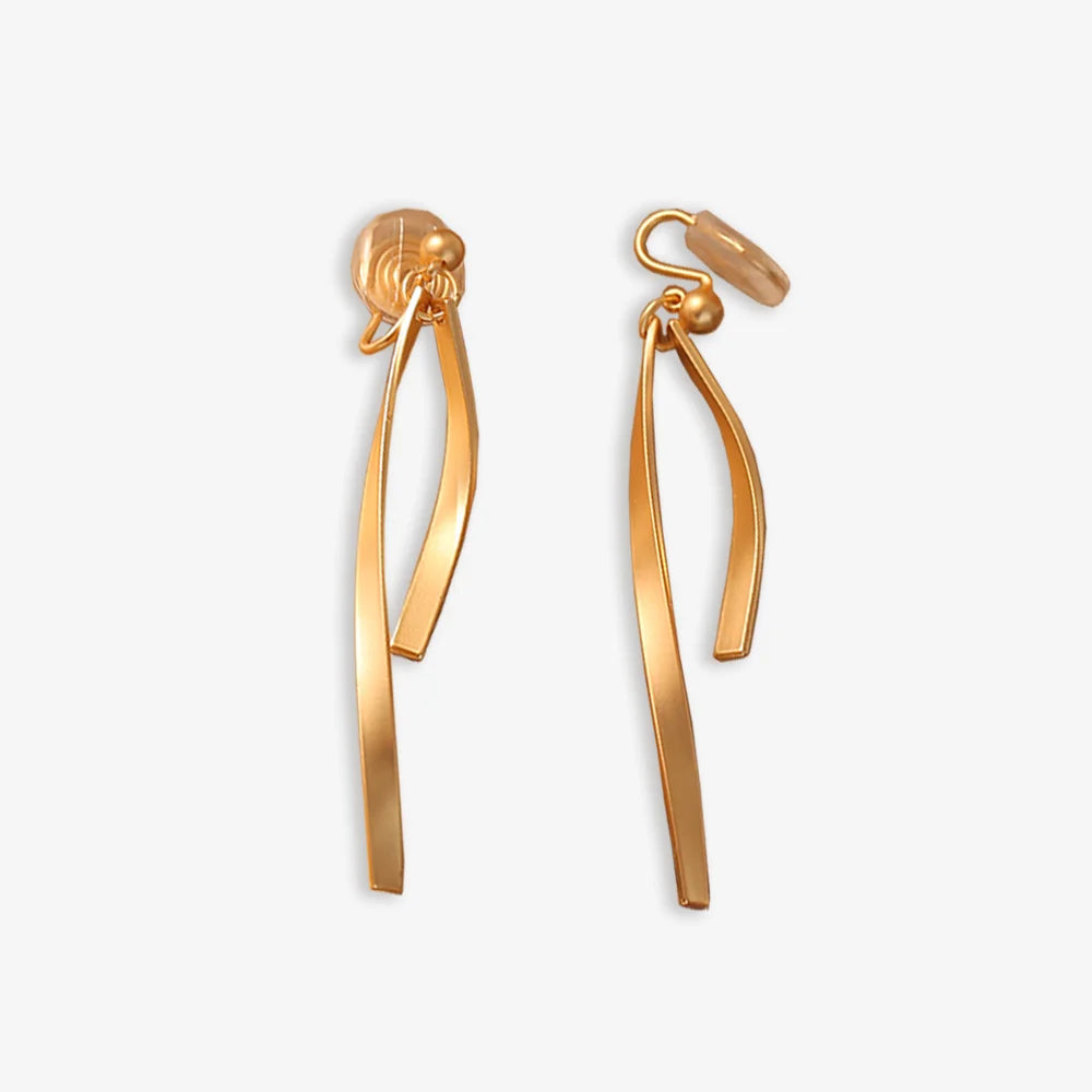 Gold ribbon dangle clip-on earrings front view on white background