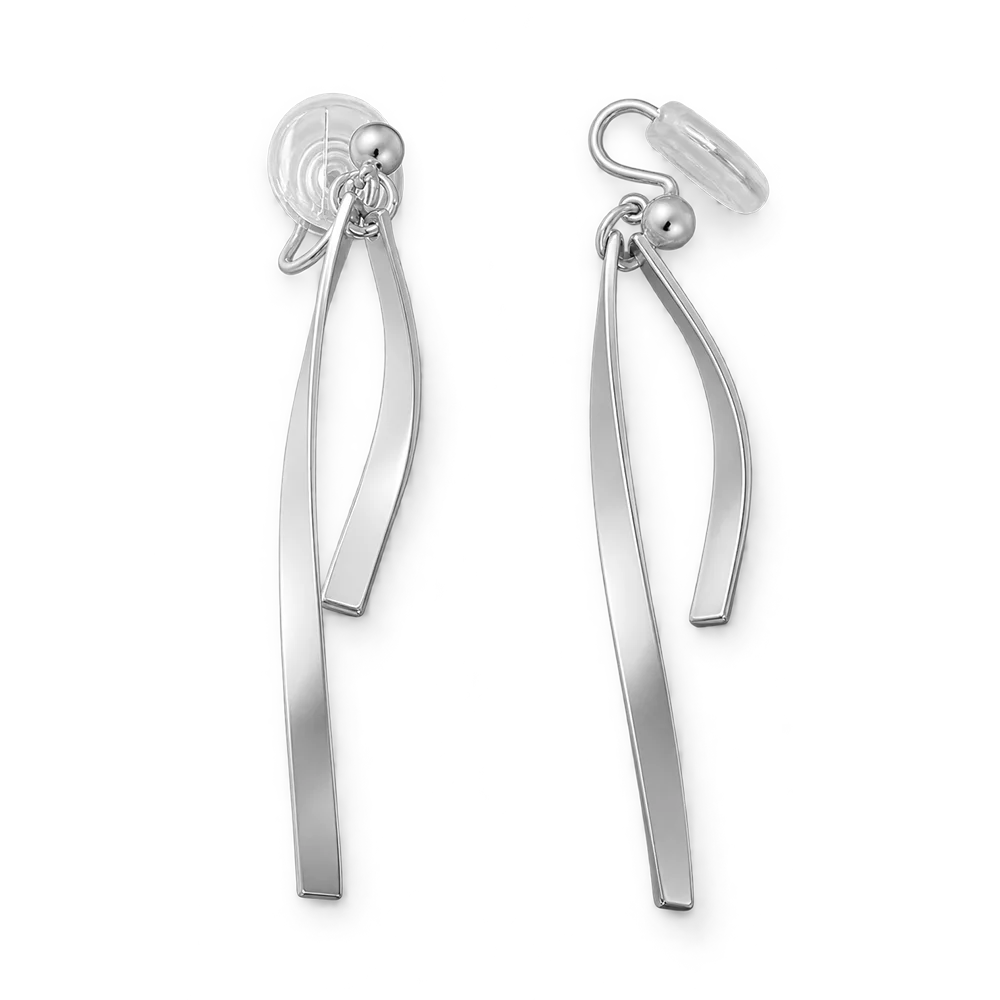A pair of silver drop earrings with a minimalist, abstract design featuring two curved bar elements and a small polished sphere, shown on a plain white background.