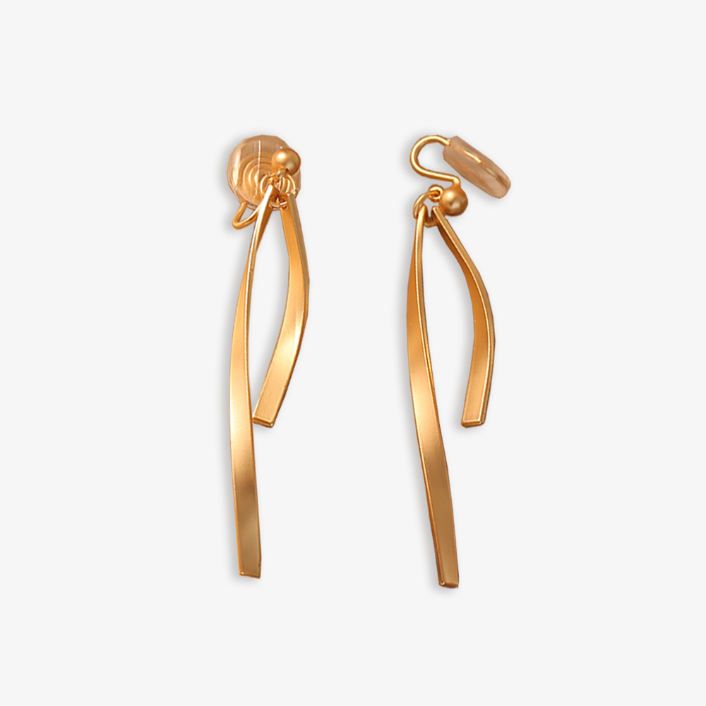 Dangle clip-on earrings feature a slender ribbon design for a touch of modern elegance. Made from gold-tone copper alloy with a secure coil clip closure, they're perfect for those with non-pierced ears. Elevate your everyday look with these versatile earrings.