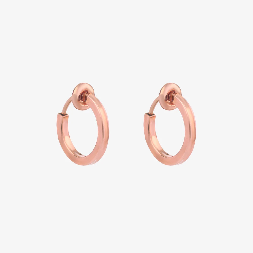 Rose Gold Mini Square Tube Clip-On Hoop Earrings with a warm rose gold plated finish and sliding spring-ring clip design.