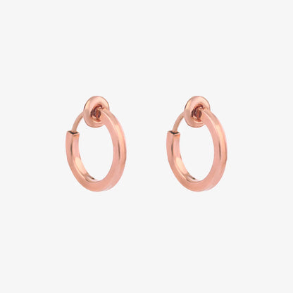 Rose Gold Mini Square Tube Clip-On Hoop Earrings with a warm rose gold plated finish and sliding spring-ring clip design.