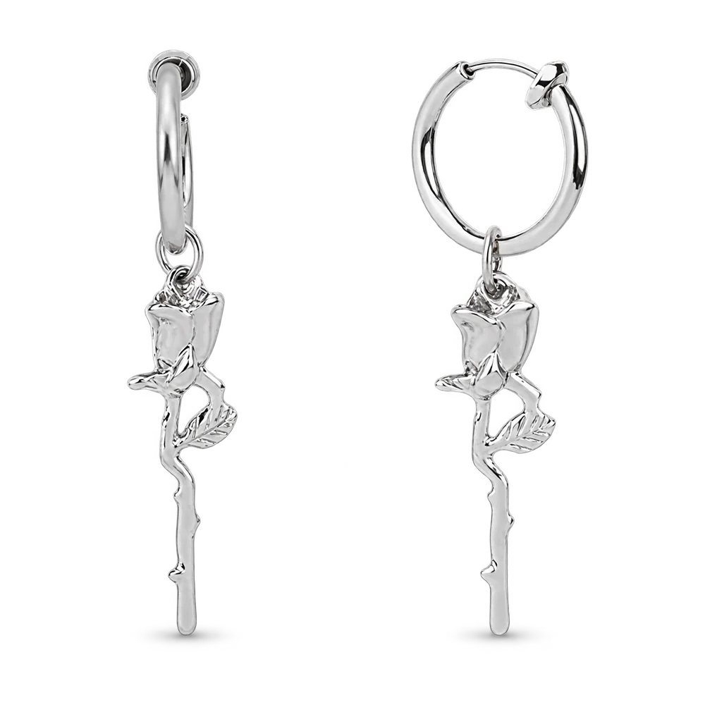 A pair of silver hoop earrings with dangling rose and stem charms, shown on a clean white background.