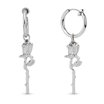 A pair of silver hoop earrings with dangling rose and stem charms, shown on a clean white background.