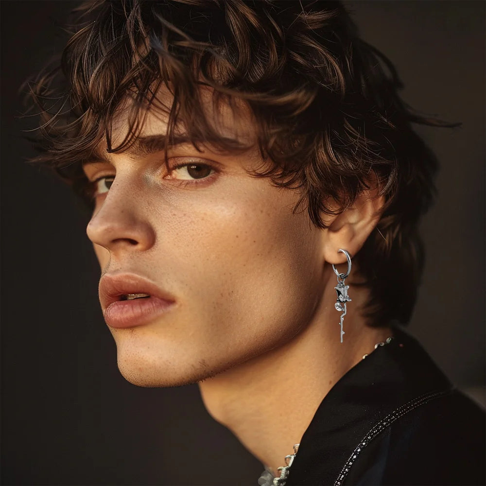 Rose Vine Clip-On Hoop Earrings silver side profile worn on model with dark hair