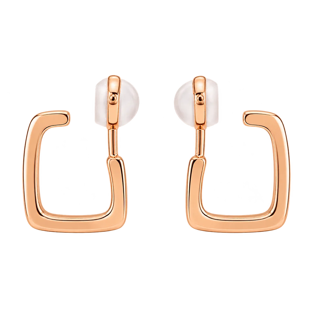 Pair of rose gold square clip on hoop earrings shown from the front