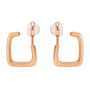 Pair of rose gold square clip on hoop earrings shown from the front