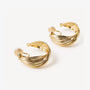 Gold rotating spiral clip-on hoop earrings displayed, showing textured twisted design from front angle