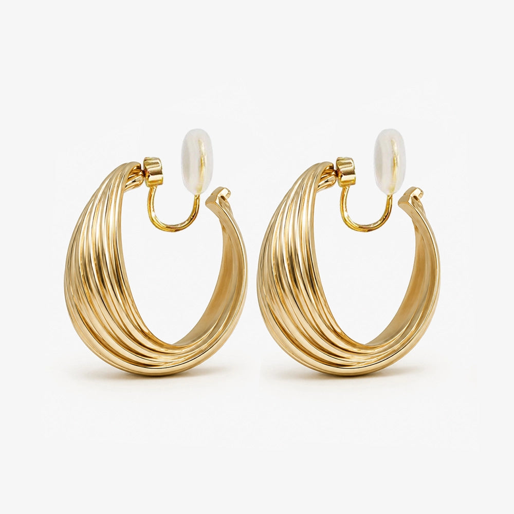 Rotating Spiral Clip-On Hoop Earrings in Gold showcasing the multiple string twist design.
