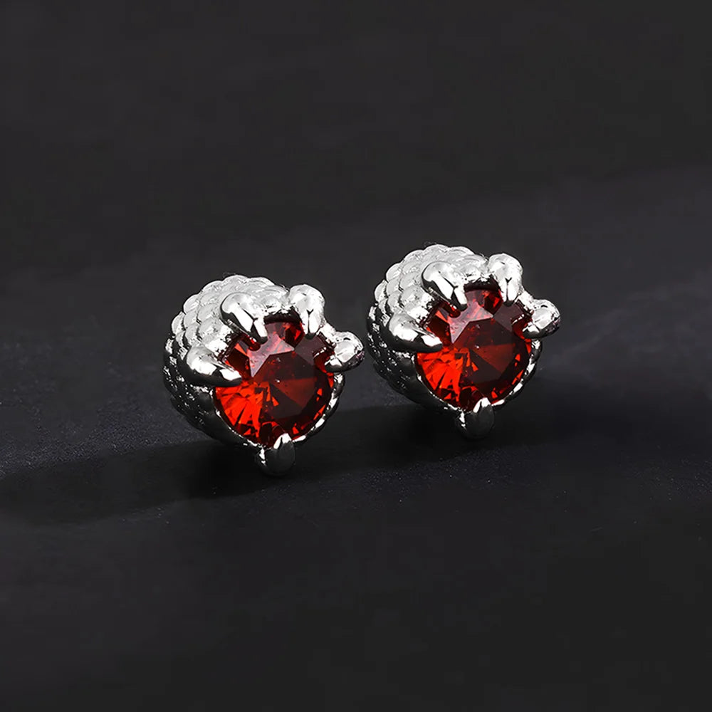 Magnetic silver stud earrings with simulated ruby, dragon claw design, eco-friendly brass