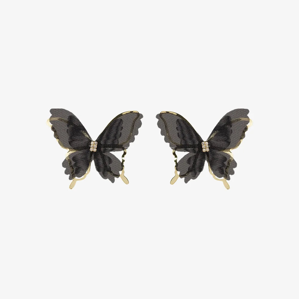 Sophisticated black butterfly clip-on earrings with chiffon wings and gold-plated edges for women