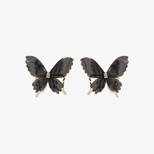 Sophisticated black butterfly clip-on earrings with chiffon wings and gold-plated edges for women