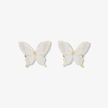 Pair of Silhouette Butterfly Wings Clip-On Earrings displayed on a jewelry stand, highlighting the intricate butterfly wing design.