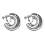 A pair of chunky, polished silver hoop earrings with a screw-back clip on, displayed on a clean white background.