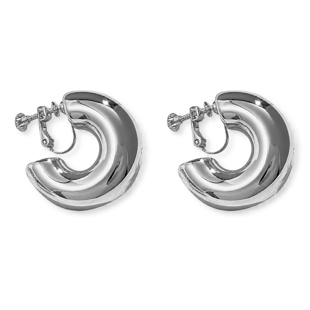 A pair of chunky, polished silver hoop earrings with a screw-back clip on, displayed on a clean white background.