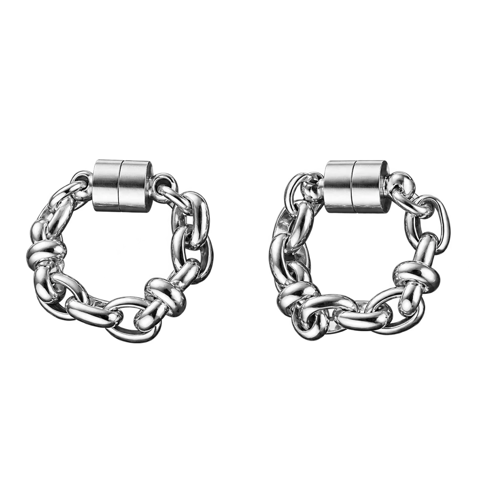 A pair of silver-toned chunky chain link earrings with a magnetic clasp, displayed on a clean white background.
