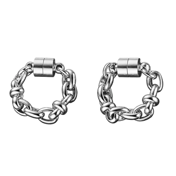 A pair of silver-toned chunky chain link earrings with a magnetic clasp, displayed on a clean white background.