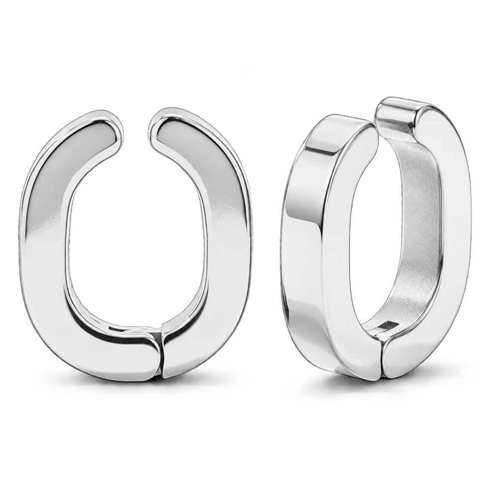 A pair of polished silver huggie hoop earrings shown on a clean white background, displaying both the front and side profiles.