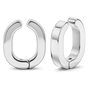 A pair of polished silver huggie hoop earrings shown on a clean white background, displaying both the front and side profiles.