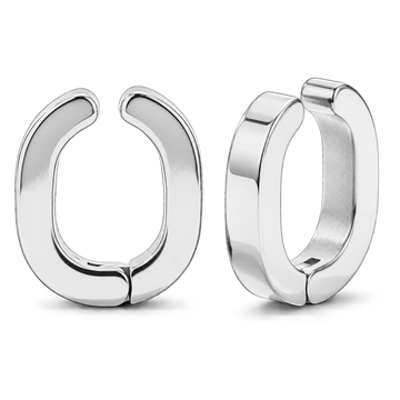 A pair of polished silver huggie hoop earrings shown on a clean white background, displaying both the front and side profiles.