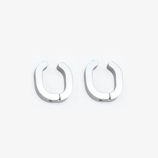 Pair of Silver Horseshoe Clip-On Hoop Earrings displayed on a white background.