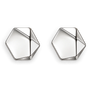 A pair of silver geometric hexagonal stud earrings with a faceted, multi-planar design, shown on a clean white background.