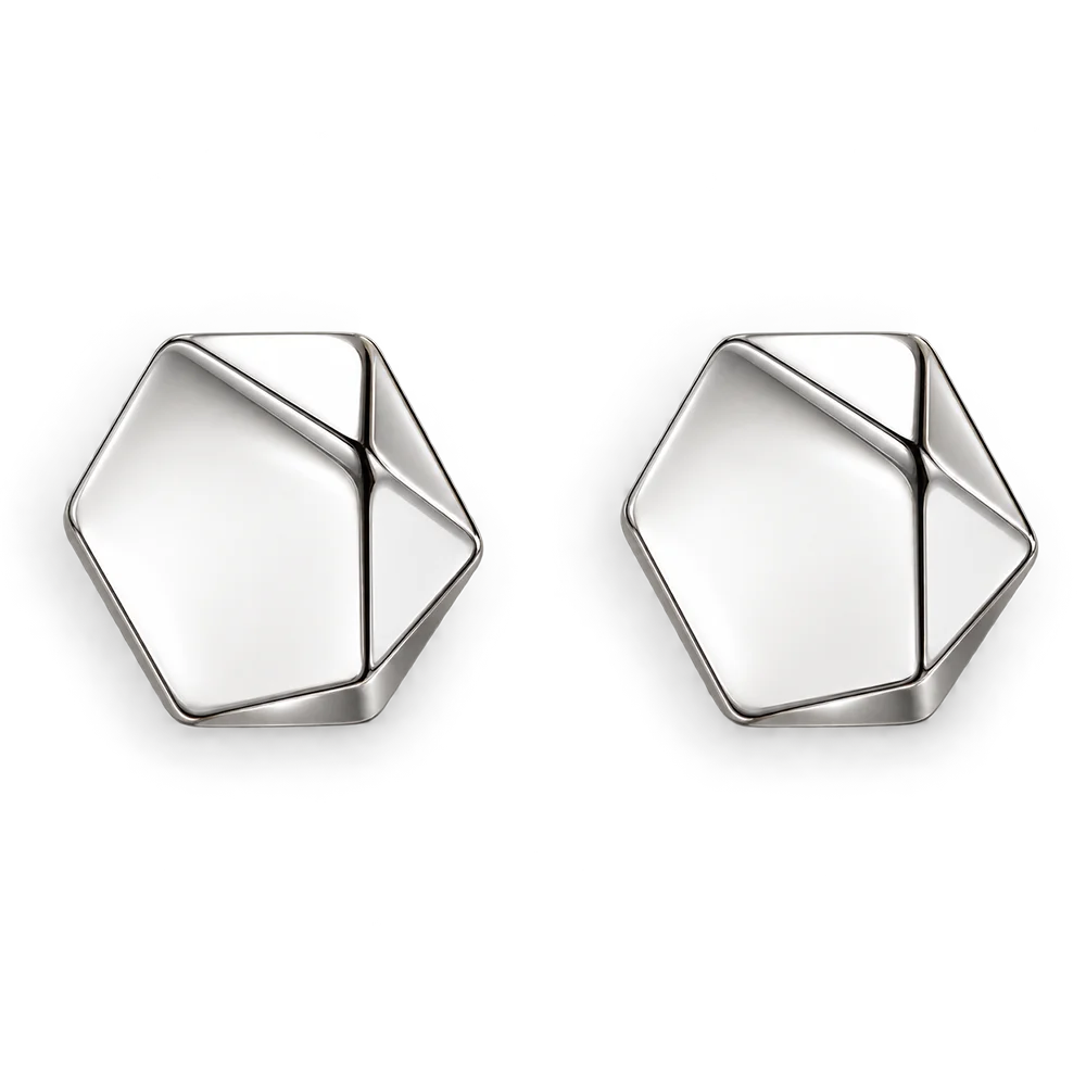A pair of silver geometric hexagonal stud earrings with a faceted, multi-planar design, shown on a clean white background.