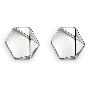 A pair of silver geometric hexagonal stud earrings with a faceted, multi-planar design, shown on a clean white background.