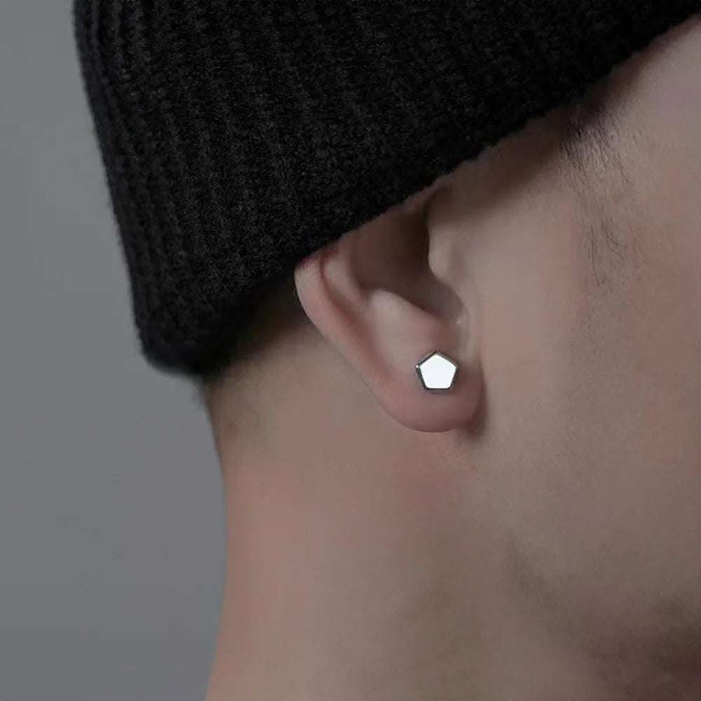 Polygon Magnetic Stud Earrings in Black side view worn on ear with black beanie