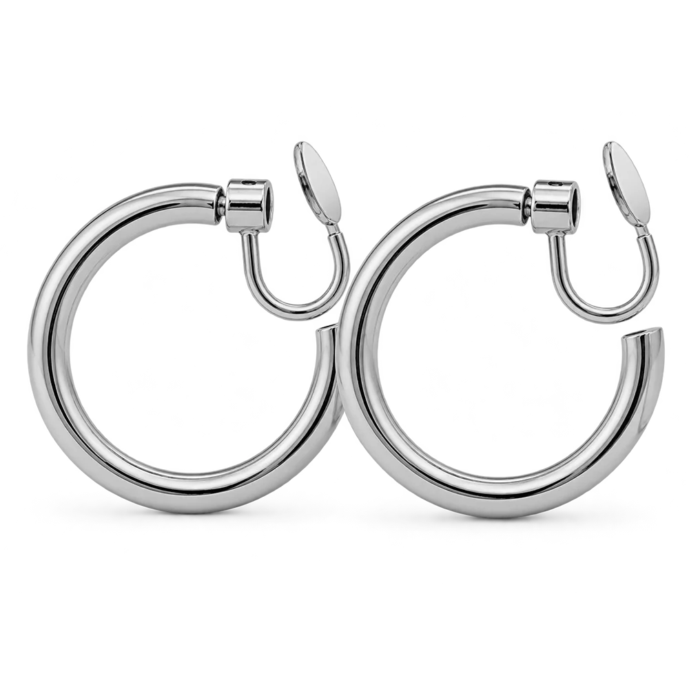 A pair of polished silver hoop earrings with u-type closures, shown on a clean white background.
