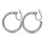 A pair of polished silver hoop earrings with u-type closures, shown on a clean white background.