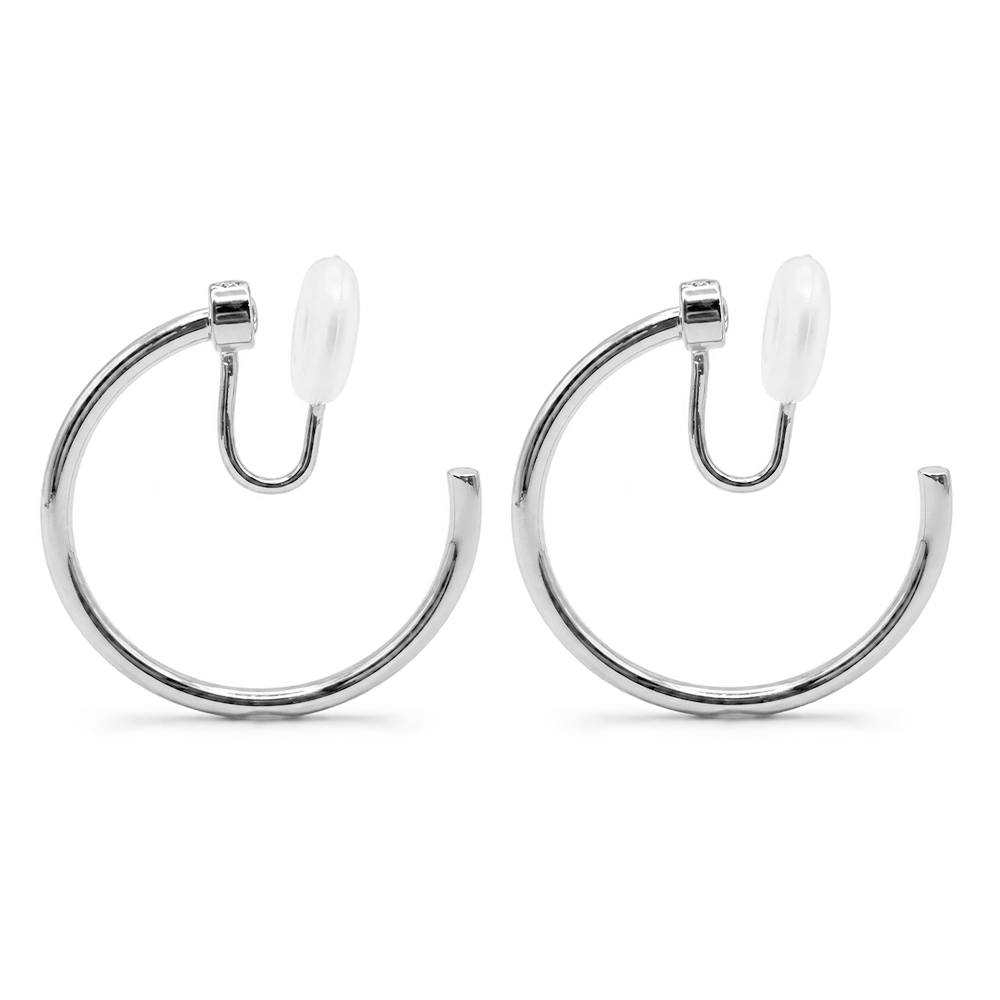 A pair of polished silver hoop earrings with u-type closures, shown on a clean white background.