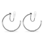 A pair of polished silver hoop earrings with u-type closures, shown on a clean white background.