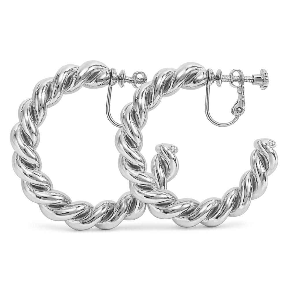 A pair of large silver hoop earrings with a twisted rope design and screw-back closures, shown on a plain white background.