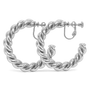 A pair of large silver hoop earrings with a twisted rope design and screw-back closures, shown on a plain white background.